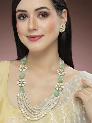 Pearl Breaded Light Green Carved Stone Kundan Rani Haar Necklace Set for Women